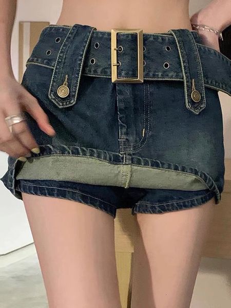 Etekler y2k vintage kadınlar Kore düğmesi kuşaklı kısa denim mini etekler artı boyutu yüksek bel kotları seksi a-line etek 4 renk xxl 230811