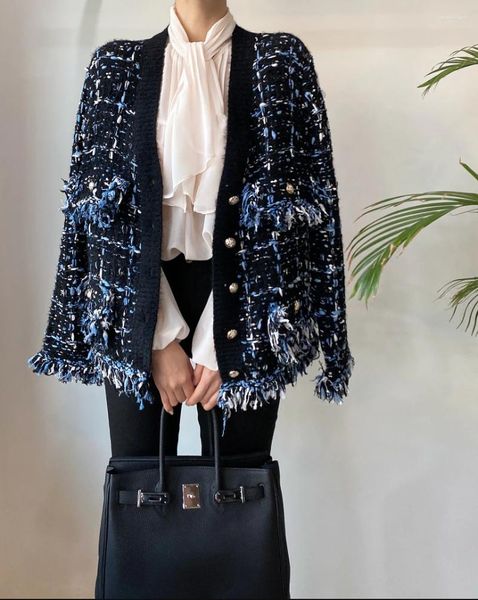 Magliette da donna Donne French Plaid Knitting maglione Tassella V Nervo Cardigan Maniche lunghe Casualmente Corea Lampa
