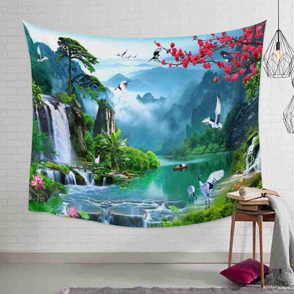 Tapestres Montanhas Cachoa Crane Boat Flor Jungle Wall Tapestry Capa de praia Piquennic Yoga Mat Decoração R230812