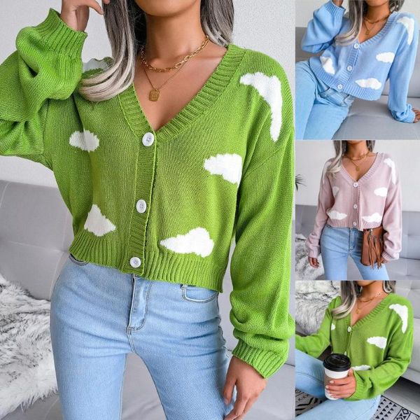 Damen Strick Strick -Strickjacke für Frauen Herbst- und Winterpullovermäntel koreanische Mode Langarm Top White Cloud Blumen