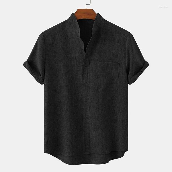 Camisas casuais masculinas linho de algodão e blusas sólidas 2023 Manga curta de manga curta Camisa masculina Cardigã social de verão