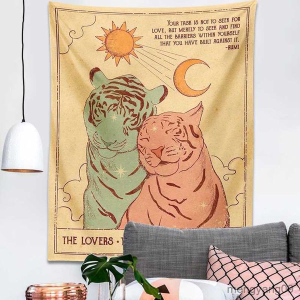 Taquestres Sun Moon Tapestry Wall Hanging Tiger The Loves Partners Mirrors Decoration Hippie Mattress Dort Decor Decor R230812