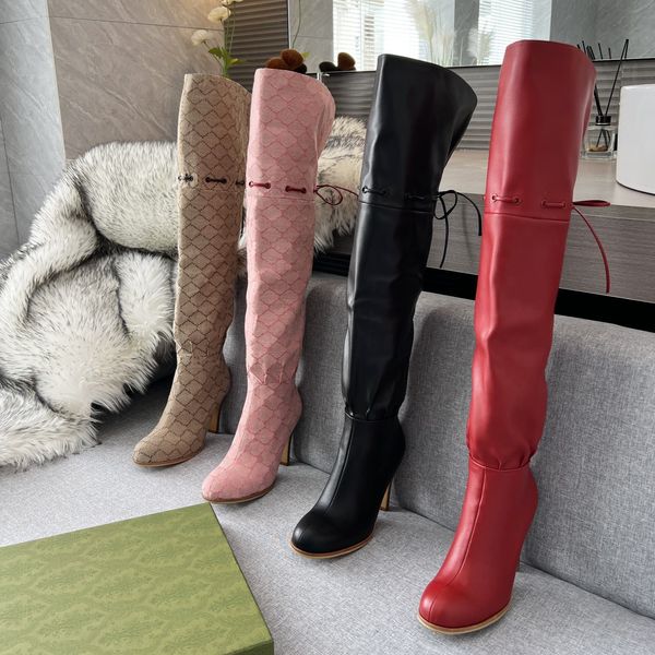 Designerstiefel Frauen über den Kniestiefeln Winter-Knöchelstiefel verstellbare Träger Leinwand Reißverschluss Schnürsenkel Originalschuhe Ladies Mädchen sexy Hochstiefel mit Kastengröße 35-42