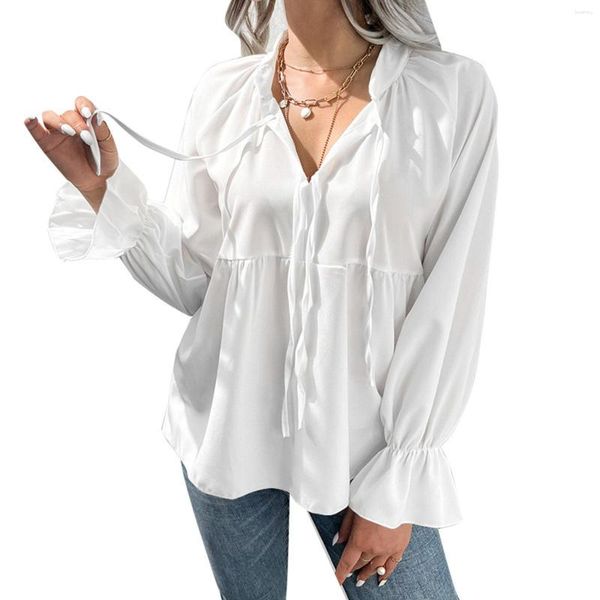 Blouses femininas Mulheres Camisa de fada branca de manga longa Top casual e de pescoço amarrado Blusa do punho dianteiro Blusa Moda 2023