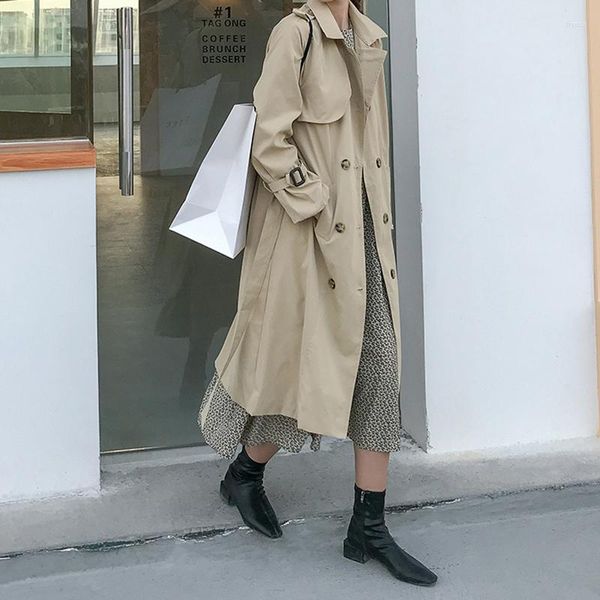 Trench feminina casacos estilo coreano solto casaco comprido de tamanho longo