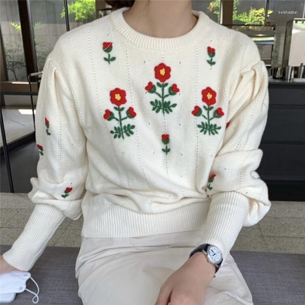 Camisolas femininas Vintage o Pescoço Flores bordadas Sweet Pullover simples manga de sopro solto malha casual Tops coreanos Cores de estilo Mujer