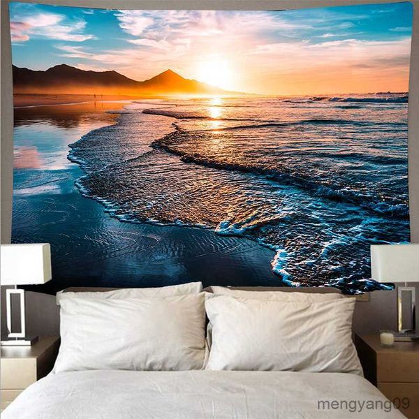 Wandteppiche Blue Ocean Wellen Wandteppiche Sonnenuntergang Wolken Naturkunst Wand Hänge Wandtuchkissen Hintergrund Decke Wohnkultur R230812