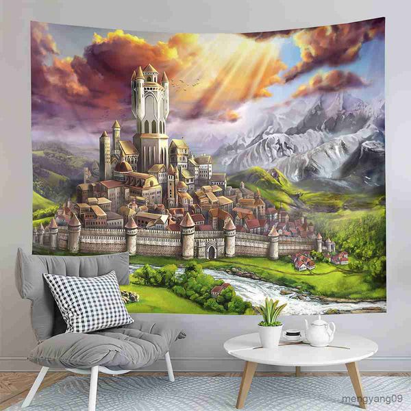 Wandteppiche Fantasy Castle Tapestry River Forest Tapestry Fairy Tale World Tapestry Home Wohnzimmer Schlafzimmer Schlafzimmer Ästhetik Wandteppiche R230812