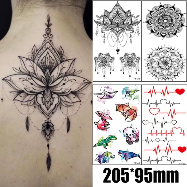 Tatuagens temporárias 1pc adesivos de tatuagem à prova d'água panda sinos de vento de renda tórax mandala flor corporal braço de arte falsa Mulheres 230812