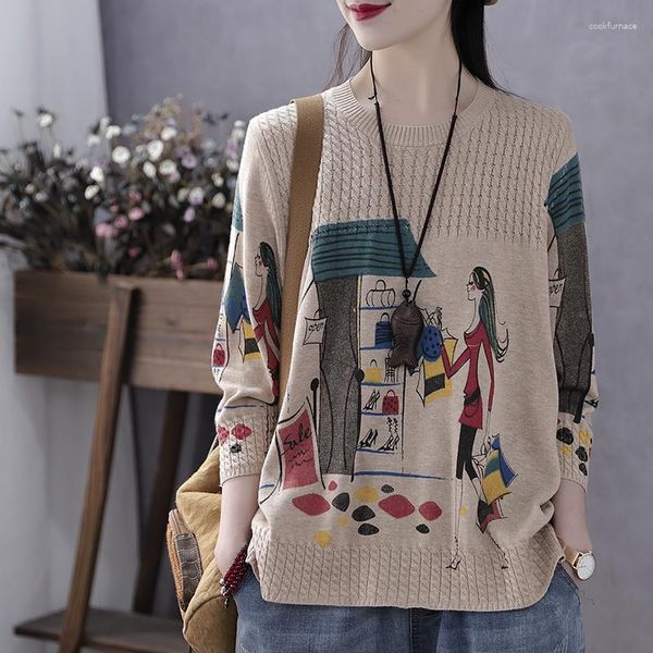 Camiscedores femininos estilo harajuku retro primavera e suéter impressa no outono Mulheres de manga de três quartos de três quartos coreanos tops coreanos