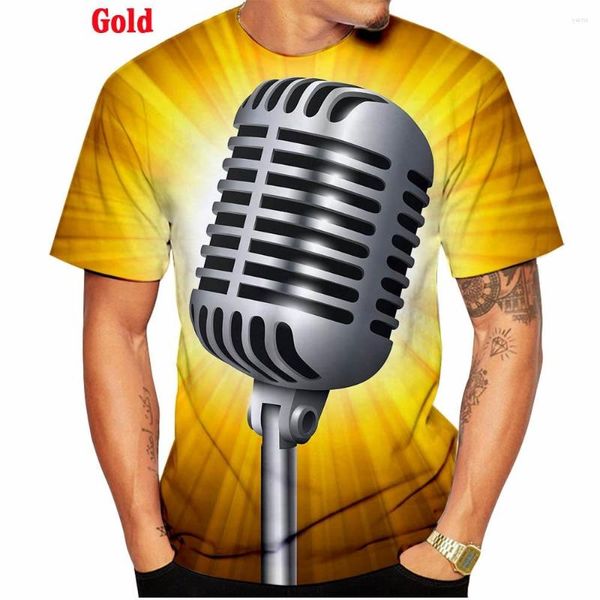 Мужские рубашки T Harajuku Fashion 3D Футболка Hip Hop Music Мужчина повседневный металлический микрофон диджей печатный негабаритный рукав