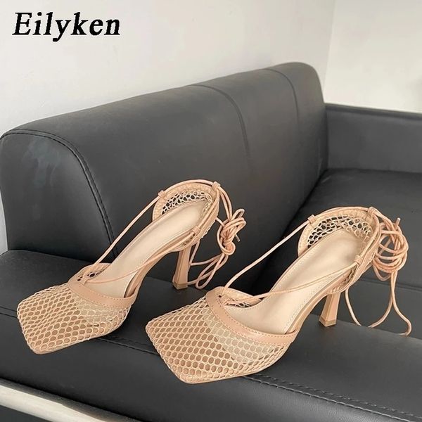 Kleiderschuhe Eyken Sexy White Hollow Mesh Frau Pumps Sandalen Quadrat Zehen High Heel-Knöchel Schnürung gekreuzte Partykleid Frauenschuhe 230811