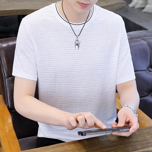 Camisetas masculinas casumanl 2023 para homens waffle simples o pescoço de cor sólida mensagens de moda coreana casual