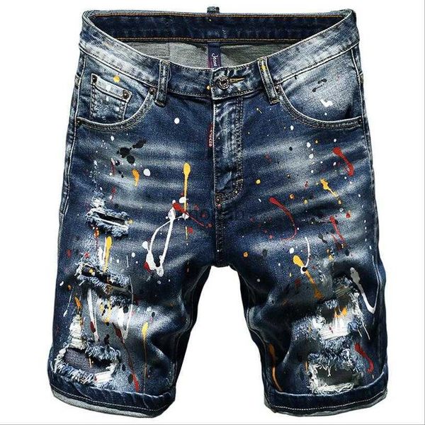 Yaz mavi delikler denim boya gündelik sokak kıyafeti jeasn şort yüksek kaliteli erkekler ince fit streç kot 38 hkd230812