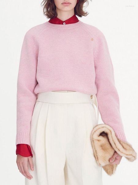 Suéteres femininos suéter feminino 2023 mola lã rosa rosa malha malha curta cor sólida ladies top casual