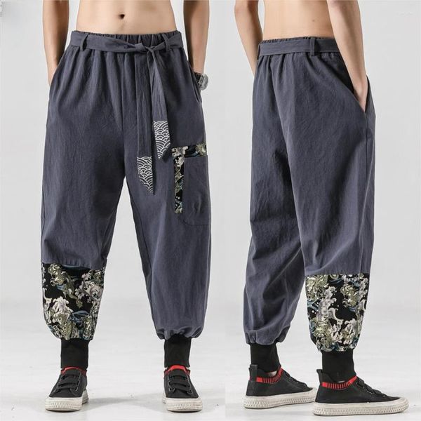 Calça masculina chinoiserie linho de algodão casual -e cinto impresso harem haori folga y2k harajuku hip hop