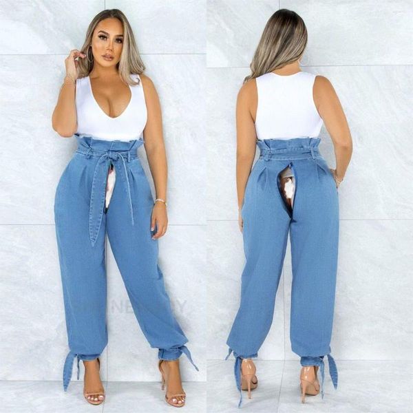 Frauen Jeans Sommer Unsichtbare Open-Sitzhosen Rippte hohe Taillen-Jumpsuit Denimhose Weibliche Weitbeinstrahl Füße im Freien Sex im Freien