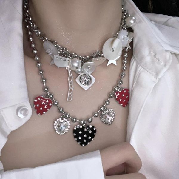 Anhänger Halskette Vintage Strass Herz Erdbeerperlen Halskette für Frauen Punk Kühle Ästhetik Schlüsselbein Kette Harajuku Trendy Jewelry
