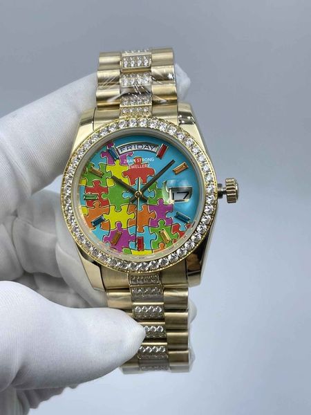 Modedesigner Womens Watch Automatische mechanische Bewegung 36mm Diamant ECED Full Edelstahlgurt Frau Uhren Puzzle Emaille Differ