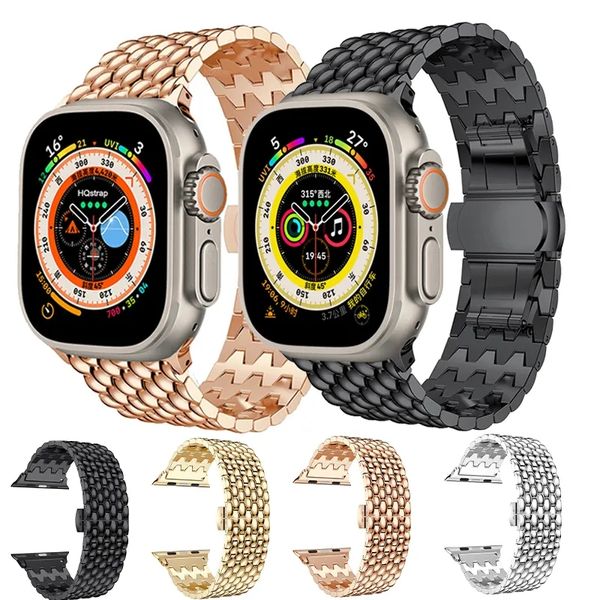 Banda in metallo dorato di lusso per IWatch Series 8 7 6 5 4 SE Ultra in acciaio inossidabile Strep Watch 49mm 41mm 41mm 42mm 44 mm 45 mm Donne uomini