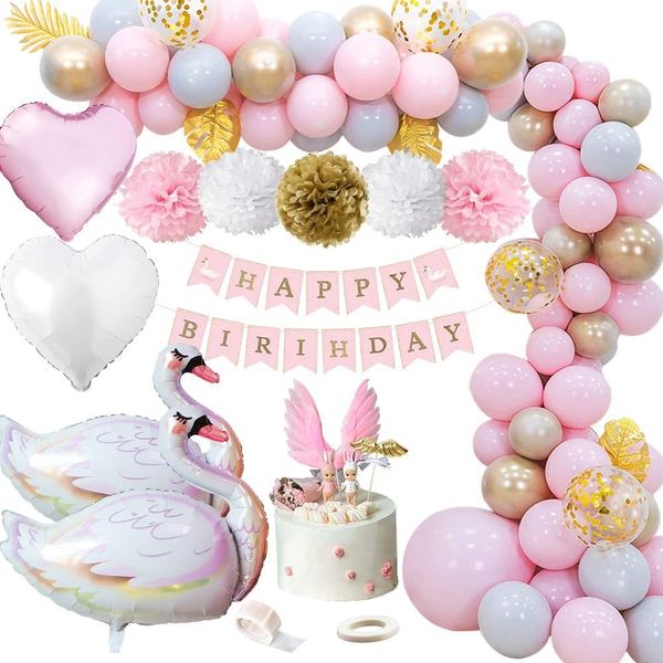 Outros suprimentos de festa de evento Decorações de aniversário de menina Swan Foil Balloon Kit Rosa Garland com Papel Pom Poms 230812