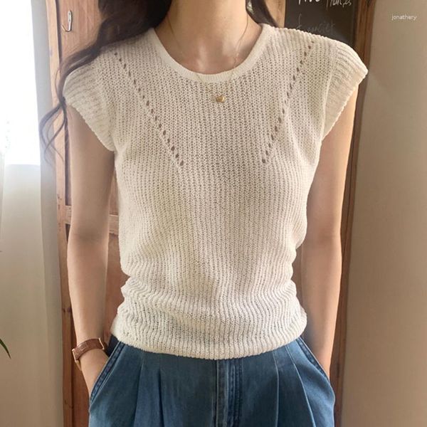 Frauenblusen elegante Eis Seide gestrickte Bluse Frauen Sommer 2023 Schnüre-up hohl massives lässige Hemden Frau Mode ärmellose O Halsoberteil