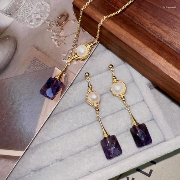 Orecchini di collana set viola ametyst gioielli Set di perle per donne Accessori Regalo di matrimonio di compleanno a ciondoli