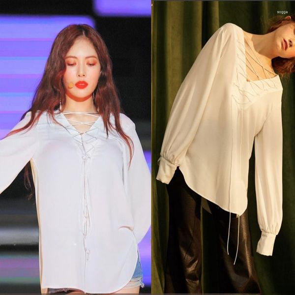 Camicette femminili kpop celebrità coreana estate bianca y2k camicia pullover a maniche lunghe donne sciolte di uffici di lacci a v-collo le donne eleganti top