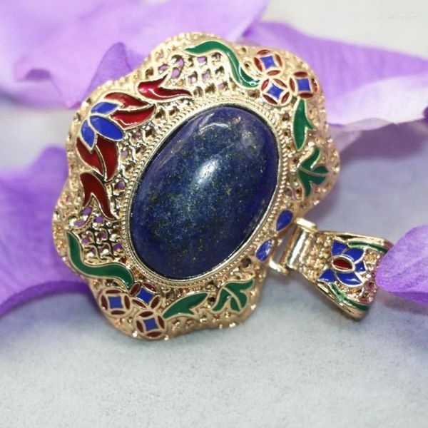 Anhänger Halsketten 45 55 mm natürlicher ovaler Lapis Lazuli Stein eleganter Emaille antike silberfarbene Goldfarbe Frauen Charme Schmuck B3042