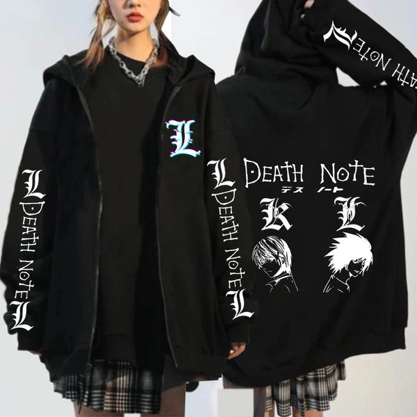 Moletom de moletons masculinos Anime Death Note Capuzes imprimidos com capuzes de anime japonês Jaqueta com zíper masculino Harajuku Streetwear Felhar camisetas de tamanho grande Y2K 230812