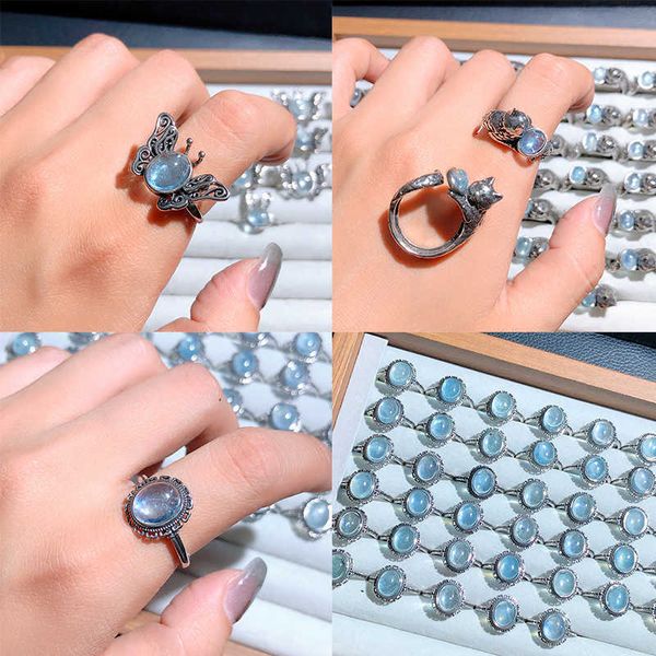 Großhandel Kristallring Natural echtes Aquamarin Großhandel Großhandel Frauen Vintage Silber Ring Schmuck Meerblau Edelsteinringe