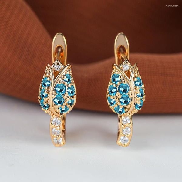 Hoop Ohrringe russischer Stil Französischer Clip 18k Gold plattiert volle CZ Stein Rosenblume für Frauen Bankett elegantes baumeln