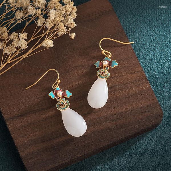 Orecchini a pennagliera designer di fiori di giada bianco fascino incantesimo naturale gioielli vecchi jadeite intagliato amuleto 925 donne argento regali