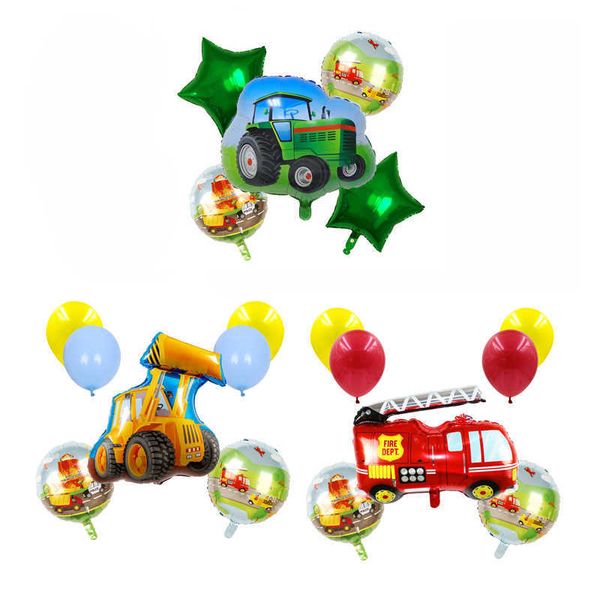 Balão laminado de construção, escavadeira, caminhão de bombeiros, trator, presentes para meninos, decorações diy, brinquedos para crianças