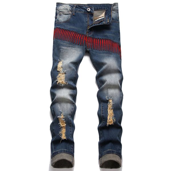 Slim-Fit Elastic Red Pepper Persönlichkeit Leder Marke Modische Männer Mode-Jeans Männer Rippte Patch-Loch Denim gerade Amris Streetwear Slim Slim