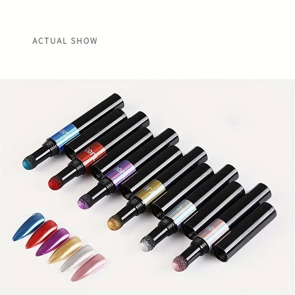 12 Farben Chromnagelpulver Kit Luftkissen Stift Nagel Kunst Stift Holographische Nagelpulverschwamm Stickspiegel Effekt Nagellackstifte