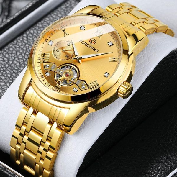 Relógios de pulso para abandonar a moda Tourbillon Retro Men's Automatic Mechanical Watch Top Top Full Golden Luminous Hands Skeleton Clock