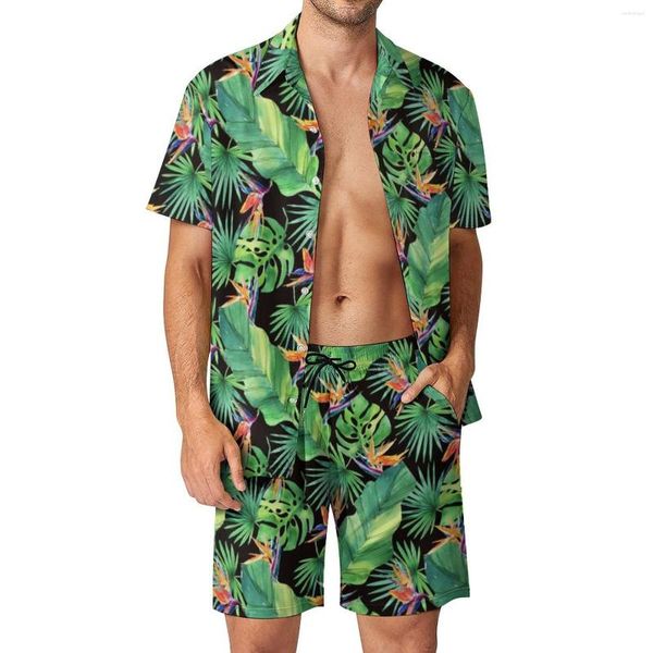 Tracce da uomo giungla stampa tropicale uomini set di camicia da spiaggia di uccelli di paradiso set da camicia da spiaggia vintage abito corto oversize corta