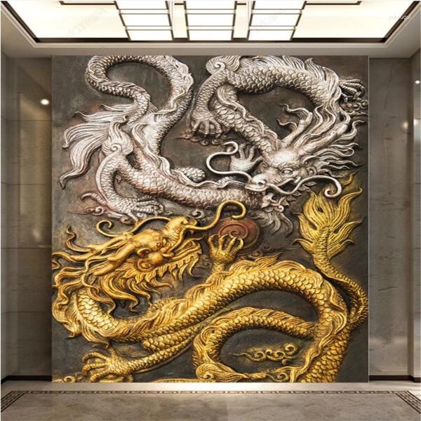 Papéis de parede personalizados em estilo chinês 3D em relevo Dragon Po para decoração de luxo decoração de casa restaurante Entrada do corredor Mural Papel de parede