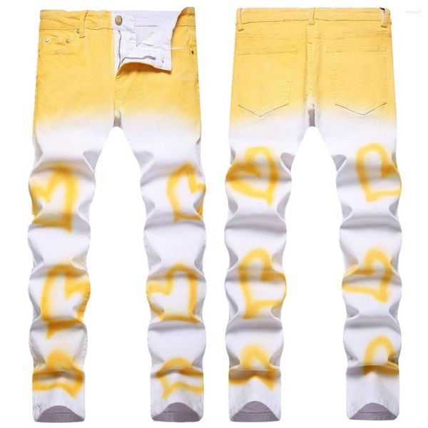 Jeans de jeans masculino tendência de moda personalizada pintada de amor Matriz elástica elástica Slim Fit Boyclub Party Print Men