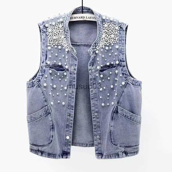 Kadın Yelekleri 2023 Yeni Yaz Kadınlar Boncuklu Denim Tank Toplu Kesim Sokak Giyim Kot Ceket Kore Moda Tankı Top HKD230812