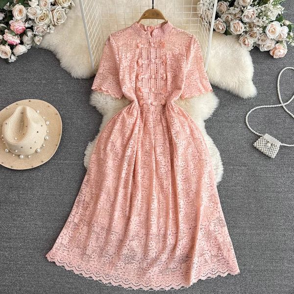 Basic Casual Kleider 2024 Sommer Vintage Chinese Style Lace Kleid Frauenständer Kragen Kurzarm Frosch Knöpfe Hohlauslöser Reißverschluss Party Midi Vestidos