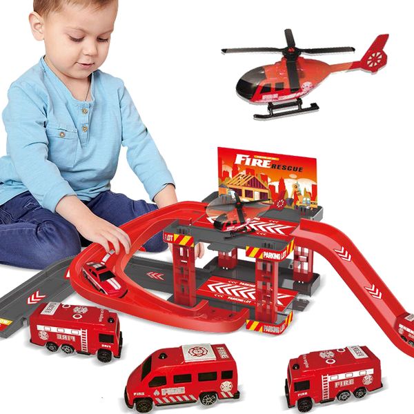 Dascast Model Children Gleise Parkplatz Spielzeug Automobilbau Rennbahn Parkplatz Feuerwehrtechnik Dinosaurier Auto Spielzeug für Kindergeschenke 230811