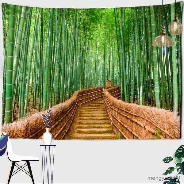 Taquestres personalizáveis ​​Hippie Room Dormitório Decoração de arte verde Bambu Bamboo Tapestry Cenário natural paisagem parede pendurada R230812