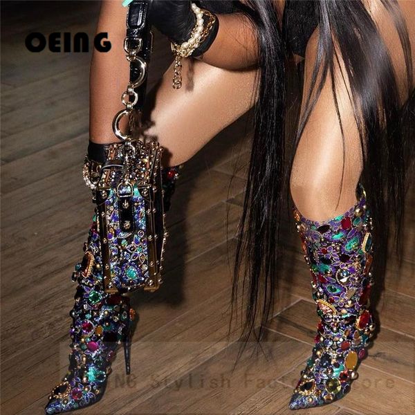 Stiefel Frauen Bling kristallverzündete Knie hohe Stiefel sexy spitze Zehen Stilettos Boots Mode weibliche Kleiderparty Schuhe Botas de Mujer 230811