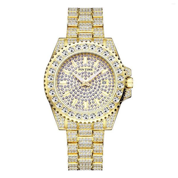 Нарученные часы Pintime Мужские часы из нержавеющей стали Кварцевые наручные часы водонепроницаемые 30 метров Iced Out Diamond Case Luminous Luxury Reloj hombre