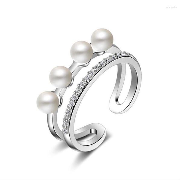 Anelli a grappolo Kofsac Charm 925 Sterling Silver for Women Wedding Exquisito Micro-inlay CZ Pearl Double Layer Ring Regalo per feste