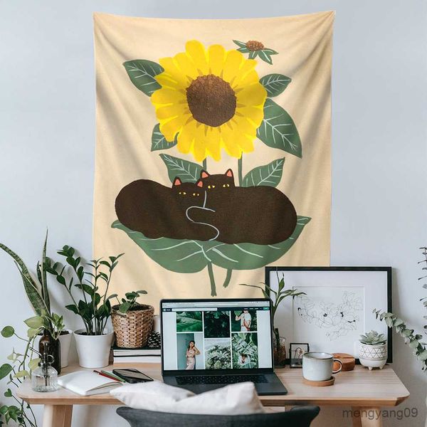 Wandtenblöcke Sonnenblumen schwarze Katzen Wandteppich Wand Hanging Blumenzimmer Dekor süße Kinder Zimmer Wandkunst Ästhetische Zimmer Dekor R230812