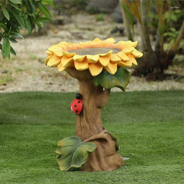 Decorações de jardim Polyresin Sunflower Bird Bath Bath Ornament com Ladybuyard Lawn Decoration