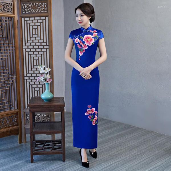 Этническая одежда Большой размер 5xl цветочный сексуальный Cheongsam Long Women Rayon Rayon Qipao Mandarin воротник китайское платье -платье винтаж вечерние вечеринка Вестидос